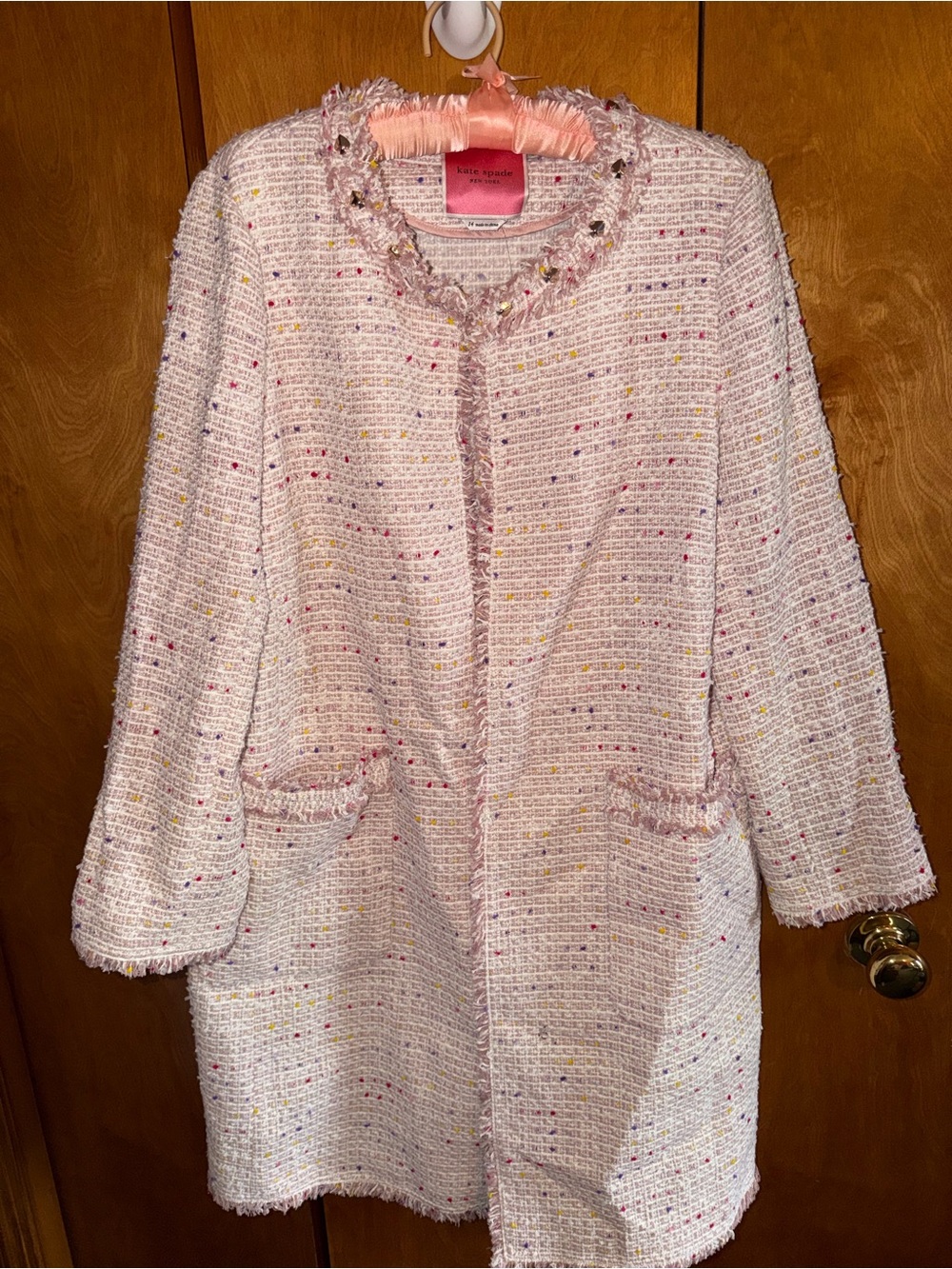 Kate Spade Light Pink Tweed Open-Front Blazer Coat with Multicolor Speck